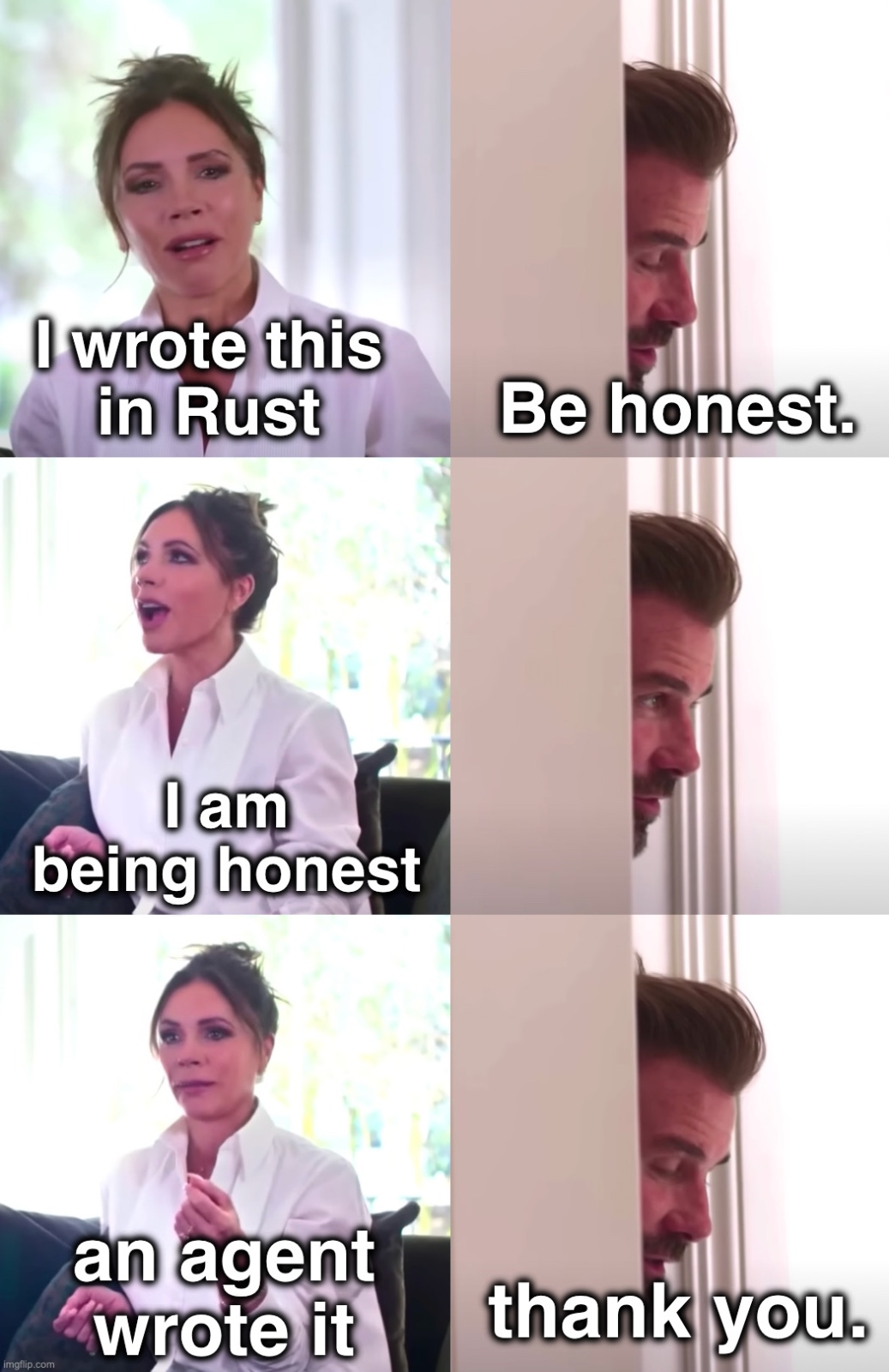 Meme dialogue: “I wrote this in Rust!” “Be honest.” “I am being honest!” “An agent wrote it.” “Thank you.”